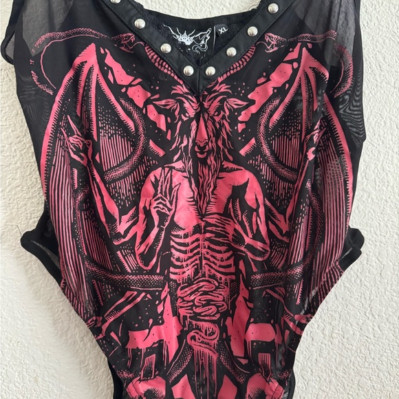 Killstar L / XL Goth Esoteric Baphomet Bodysuit Mesh + Metal Studded - Picture 2 of 4